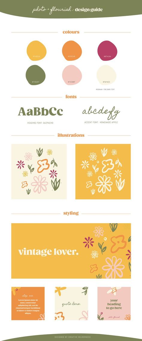 Vintage Floral Color Palette, Vintage Floral Fashion, Flower Business Branding, Branding Design Elements, Cottagecore Branding Design, Moodboard For Branding, Happy Branding Design, Brand Package Design, Retro Logo Ideas