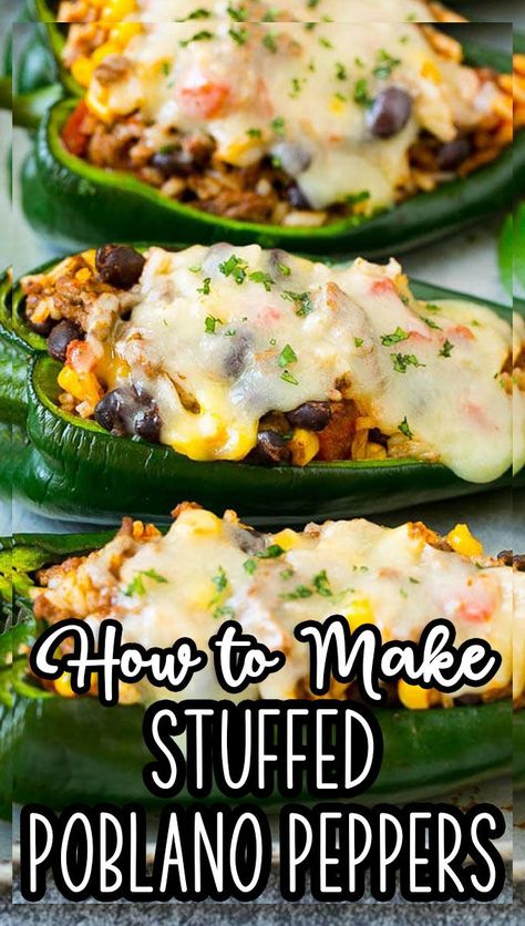 Chili With Pablano Pepper, Stuffed Pablo Peppers Vegetarian, Pablano Pepper Keto Recipes, Steak Stuffed Poblano Peppers, Baked Poblano Peppers, Baked Poblano Pepper Recipes, Poblano Ground Beef Recipes, Poblano Chile Relleno, Easy Stuffed Poblano Peppers