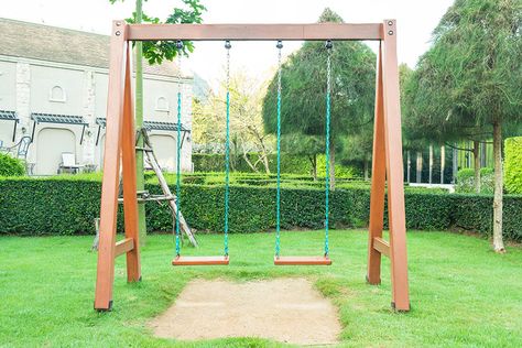 Diy Swing Set With Slide, Diy Swing Frame, Backyard Swing Ideas, Diy Swingset, Porch Skirt, Swingset Ideas, Porch Lattice, Diy Swing Set, Swing Set Plans