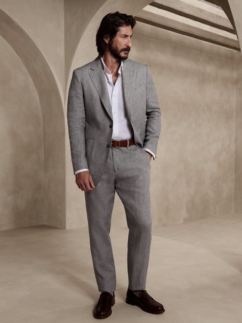 Rene Linen Suit Pant | Banana Republic Men Formal Wedding Attire, Grey Linen Suit Men, Mens Wedding Guest Outfit, Men Wedding Guest Outfit, Mans Clothes, Male Wedding Guest Outfit, Cocktail Wedding Attire, Linen Pants Suit, Wedding Fits