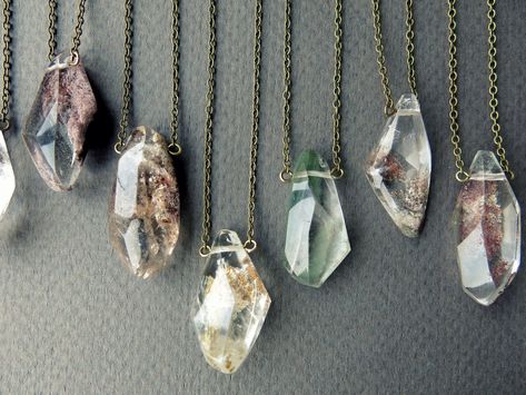 "This breathtaking garden quartz crystal necklace will lift your spirits wherever you go! Like a mini garden frozen in crystal, the inner world of this quartz is sure to intrigue everyone who sees it! ✧ Hand selected, ethically sourced garden quartz from Brazil ✧ 100% natural crystal, not treated or dyed ✧ Polished to highlight the crystal's inner beauty ✧ Crystal size 25-55mm long (1-2.2 inches) ✧ Antique brass chain in your chosen length ✧ Stainless steel and hypoallergenic metals available on Crystal Ball Necklace, Clear Quartz Necklace, Garden Quartz, Boho Crystal, Boulder Co, Quartz Crystal Necklace, Phantom Quartz, Boho Pendant, Ball Necklace