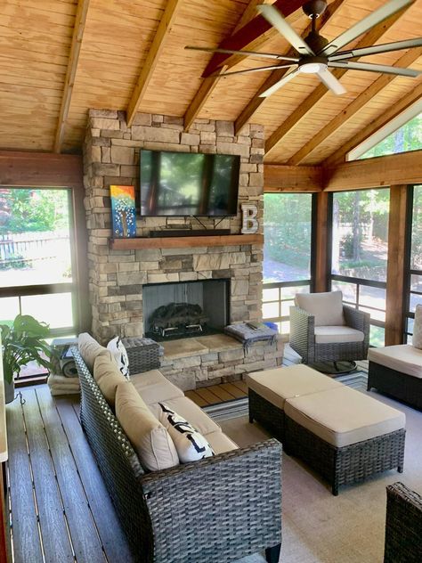 Back Deck With Fireplace, Screened In Porch With Fireplace, Bbq Pavilion, Pergula Ideas, Covered Deck With Fireplace, Deck Transformation, Outdoor Screen Room, Deck Ceiling, Screened In Porch Furniture