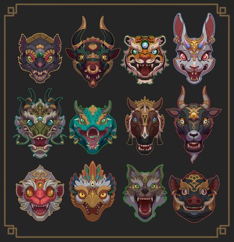 Animal Mask Drawing, Chinese Zodiac Tattoo, Concept Inspiration, Zodiac Characters, Art Chinois, In A Rut, Chinese Astrology, Stuck In A Rut, Zodiac Designs