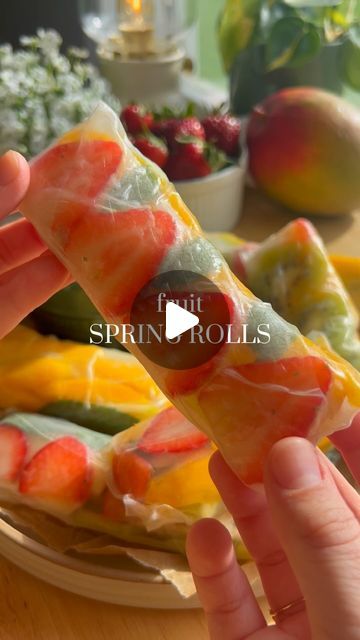 Kenna’s Cooks on Instagram: "fruit spring rolls 🍓🥝🥭🍎

chewy rice paper filled with lots of fresh fruit and mint, served with a creamy lime honey dip 😊

recipe is on my blog kennascooks.com link in bio 💚

#summer #fruitspringrolls #springrolls #dessert #easydessert #summerrecipes #easyrecipe #snacks #freshfood #healthyrecipes #funrecipes" Spring Rolls Filling Ideas, Rice Paper Dessert Recipes, Spring Roll Filling Ideas Rice Paper, Brazil Declan Mckenna, Spring Roll Filling Ideas, Rice Rolls Recipe, Fruit Spring Rolls, Fresh Spring Rolls Recipe, Rice Paper Spring Rolls