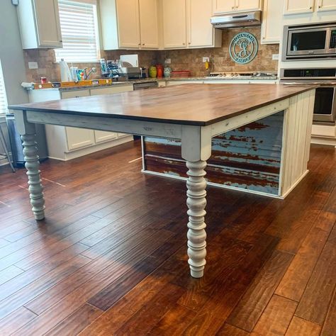 Farm Table Island In Kitchen, Table Islands In Kitchen, Large Kitchen Island Table & Bar Stools, Huge Island With Seating, Farmhouse Island Table, Island Dining Table Combo Rectangle, Dining Table Attached To Island, Kitchen Island/table, Island Table Plans