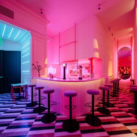 LULU Bar and Restaurant / DC.AD | ArchDaily Colorful Cafe, Ladies Bar, Dj Table, Arcade Bar, Pink Bar, Colored Mirror, Bar Inspiration, Natural Stone Flooring, Bar And Restaurant