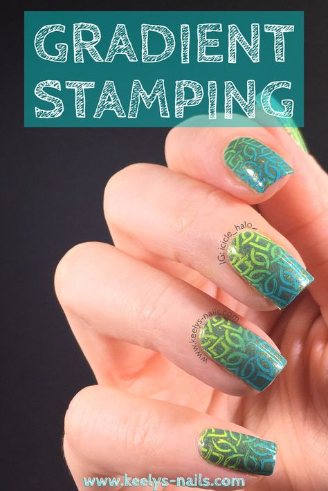 Gradient Stamping in teal and lime in a Celtic knot design | www.keelys-nails.com Celtic Nails, Patty Nails, Fingernail Art, Crazy Nail Art, Hyper Fixation, Celtic Knot Designs, Saint Patties, Crazy Nails, Celtic Design