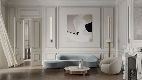 Modern classic :: Behance French Panelling Walls Living Room, Neo Classical Bedroom, Neo Classic Living Room, English Style Interior Design, English Style Interior, Neo Classical Interiors, Classic Modern Interior, Classical Bedroom, Classic Style Interior