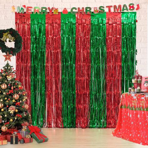 Christmas Party Backdrop, Christmas Pajama Party, Happy New Year Party, Fringe Curtains, Green Tinsel, Photo Backdrop Christmas, Streamer Backdrop, Company Christmas Party, Party Photo Backdrop