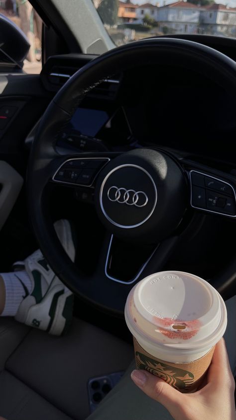 Starbucks Car Aesthetic, Audi Aesthetic, Audi Driving, My Future Life, Classic Car Photoshoot, Car Selfies, Black Audi, Audi Car, Coffee Shop Aesthetic