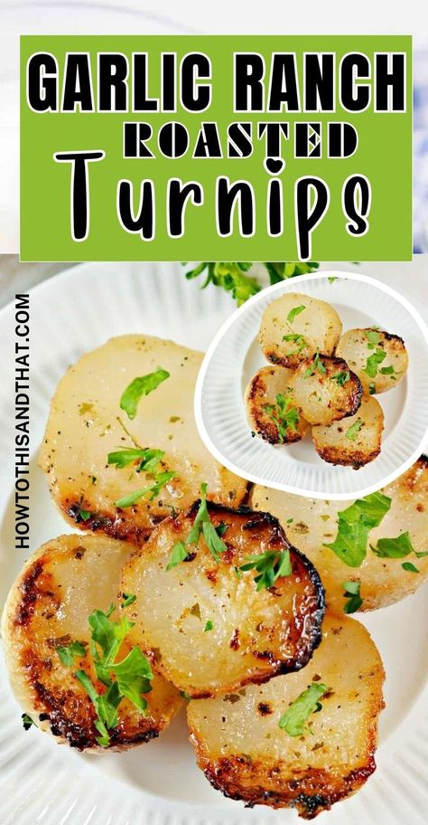 Perfectly seasoned with a blend of garlic and ranch, these turnips are roasted to crispy perfection. Whether you're looking for a healthy alternative to potatoes or just something new to try, this recipe is sure to be a hit at your next meal. #GarlicRanchTurnips #RoastedTurnips #HealthyEating #VegetableRecipes #SideDish #EasyRecipes #HealthyAlternative #LowCarb #GlutenFree #DinnerIdeas #Yummy Roasted Turnip Recipes, Recipe For Turnips, How To Cook A Turnip, Meals With Turnips, Easy Turnip Recipes, Roasted Turnips Root Vegetables, Cooking Turnips Recipe, Thanksgiving Turnip Recipe, Turnip Recipes Soup