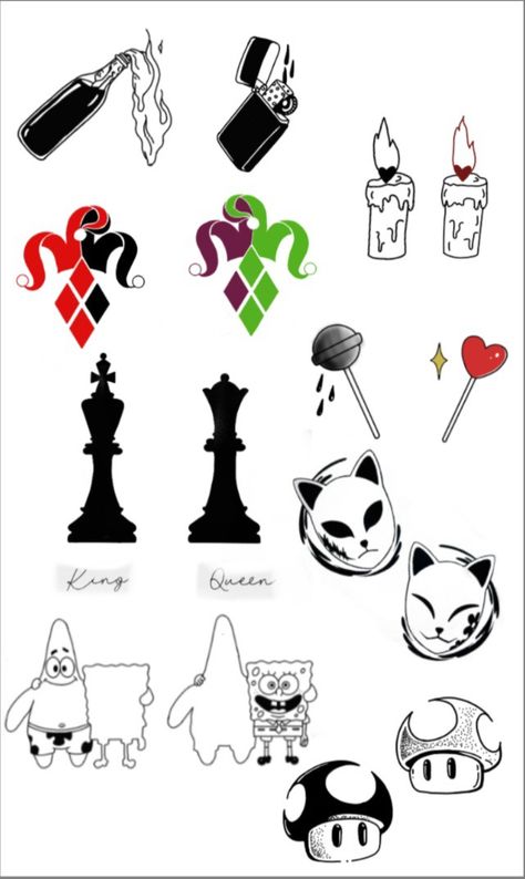 Harley Quinn And Joker Matching Tattoos, Small Harley Quinn Tattoo, Joker And Harley Quinn Tattoo Couples, Matching Cartoon Tattoos, Malificent Tattoo Design, Joker And Harley Quinn Drawing, Couple Finger Tattoo Ideas, Joker And Harley Quinn Tattoo, Harley Quinn Tattoo Design