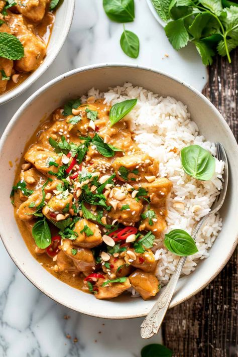 A quick and easy 30-minute chicken recipe, this peanut butter chicken with coconut sauce is a great budget-friendly dinner recipe. Creamy peanut coconut sauce with a little bit of spice, all tossed with bell peppers and crispy tender chicken. Serve over rice or noodles. Similar to a peanut satay sauce this recipe freezes well making it perfect for meal prep, too. Peanut Satay Chicken Noodles, Chicken Satay Dinner, Healthy Satay Chicken, Peanut Sauce Meals, Peanut Butter Chicken Stir Fry, Chicken Satay Noodles, Crockpot Thai Peanut Chicken, Chicken With Peanut Butter Sauce, Thai Chicken Satay With Peanut Sauce