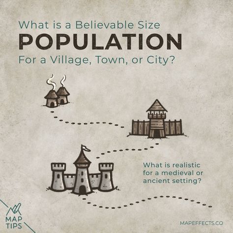 Population Size for a Village, Town, or City - What’s Believable? Fantasy Map Landmarks, Map Effects, Map Sketch, Fantasy Map Making, Village Map, Fantasy Village, Map Symbols, Fantasy Town, Fantasy World Map