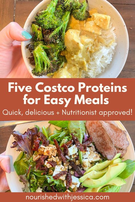 Five Costco Proteins for Easy Meals  - Nourished with Jessica Costco Food Prep, Healthy Convenience Meals, Meals For Macro Counting, Quick Costco Dinners, Costco Clean Eating Shopping Lists, Nutrient Dense Lunch Ideas, Costco Lunch Meal Prep, Costco Mediterranean Diet, Healthy Costco Meal Prep