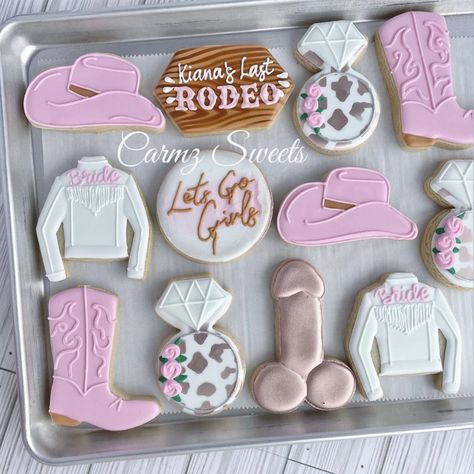 Last rodeo, bridal shower, bridal shower cookies, western bridal shower Last Rodeo Bachelorette Cake, Getting Hitched Bridal Shower Ideas, Pink Cowgirl Bridal Shower Ideas, Last Rodeo Bachelorette Cookies, Hen Do Last Rodeo, Bridal Shower Cowgirl Theme, Western Bridal Shower Cookies, Last Rodeo Hen Do, Rodeo Bridal Shower Ideas