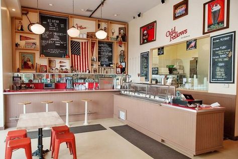 Classic ice cream shop Schoolhouse Lights, Ice Cream Companies, Ice Cream Shops, School House Lighting, American Story, Vintage Ice Cream, Elderly Home, Ice Cream Parlor, Shop Front Design