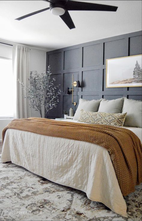 Moody Bedroom, Board And Batten Wall, Fall Bedroom, Accent Wall Bedroom, Bedroom Black, Bedroom Color Schemes, Gray Bedroom, Board And Batten, Remodel Bedroom