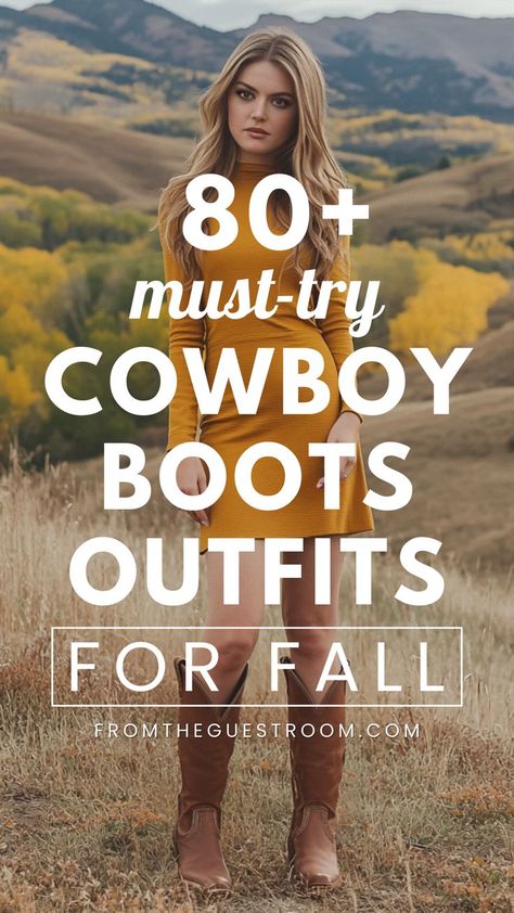 Concert Outfits With Cowgirl Boots, Leather Dress With Cowboy Boots, Gray Cowboy Boots Outfit, Cowgirl Brown Boots Outfit, Outfits For Cowboy Boots For Women, Tall Cowboy Boots Outfit Fall, Styling Cowboy Boots Women, Fall Western Outfits Women, Peep Toe Booties Outfit