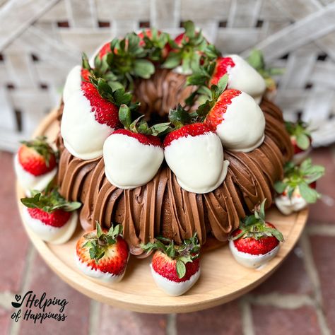 Vanilla Bundt Cake with Chocolate Frosting and Dipped Strawberries - AMAZING!! — Helping of Happiness Chocolate Bundt Cake Decorating Ideas, Heath Bar Apple Dip, Bundt Cake Decorating, Dipped Strawberries Recipe, Vanilla Bundt Cake, Andes Mint Chocolate, Cake With Chocolate Frosting, Heath Bar, Mango Banana Smoothie