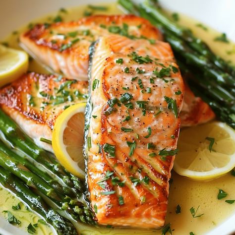 Cooking Salmon with Asparagus Lemon Garlic Butter Sauce Lemon Butter Sauce For Salmon, Butter Sauce For Salmon, Glaze For Salmon, Salmon With Lemon Butter Sauce, Salmon With Asparagus, Lemon Garlic Butter Sauce, Lemon Garlic Sauce, Lemon Asparagus, Scalloped Potatoes Cheesy