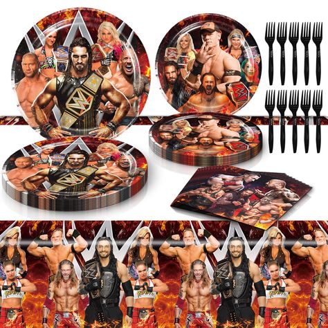 PRICES MAY VARY. Wrestling Party Supplies: This wrestling themed dinnerware set is specially designed for kids party. Fighting party set includes 10pcs 9” dinner plates, 10pcs 7" dessert plates, 10pcs Forks, 20 napkins and 1pcs table cover. With unique and creative design, it adds happy atmosphere to your party. Brighten Your Holiday: Do not hesitate to pick up these plates and napkins. The design is really cute, will make your table look fancy and add more festive atmosphere. Great Birthday Par Wwe First Birthday, Boxing Birthday Party, Wrestlemania Party, Wwe Decorations, Wrestling Birthday Party, Wwe Birthday Party Ideas, Kids Party Plates, Boxing Birthday, Wrestling Birthday Parties