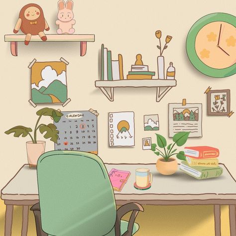 Study desk illustration created in canva by combining single elements. Study Desk Illustration, Library Drawing Illustration, Notion Background, Cartoon Study, Botanical Reference, Desk Artwork, Desk Illustration, Study System, Desk Drawing