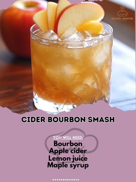 Cozy up with this Cider Bourbon Smash—a warm, comforting fall drink with a kick! 🍎🥃 #BourbonSmash Cider Bourbon Smash Ingredients: Bourbon (2 oz) Apple cider (3 oz) Lemon juice (1/2 oz) Maple syrup (1/2 oz) Ice cubes Apple slices (for garnish) Instructions: Combine bourbon, apple cider, lemon juice, and maple syrup in a shaker. Shake well and strain into a glass over ice. Garnish with apple slices. 🍎🥃 Sip the flavors of autumn with this Cider Bourbon Smash. The blend of cider and bourbon ... Bourbon Apple Cider, Bourbon Smash, Fall Drink, Fall Drinks, Drink Ideas, Montevideo, Apple Slices, Ice Cubes, Lemon Juice