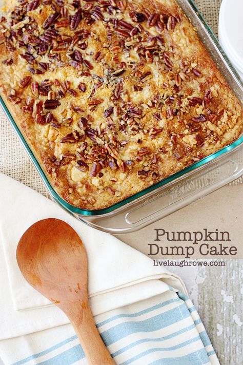 Perfect for Thanksgiving! Delicious Pumpkin Dump Cake with livelaughrowe.com @Live Laugh Rowe Pumpkin Dump, Dump Cake Pumpkin, Dump Meals, Dump Cake Recipes, Dump Cake, Köstliche Desserts, Delicious Pumpkin, Pumpkin Dessert, Yummy Sweets