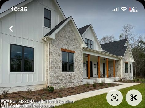 Stone Half Way Up Exterior, Mixed Texture House Exterior, Modern Farmhouse Ceiling Ideas, Brick And Hardy Board House Exterior, Stone And White Exterior, White Farmhouse With Stone, Board And Batten And Stone Exterior, Stucco And Rock Exterior Home, Limestone Exterior House