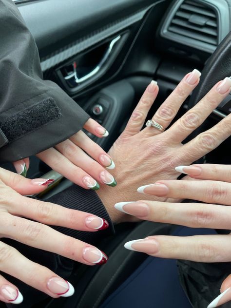 Green French Tip With White Line, Christmas French Tips Green, Red White And Green French Tip Nails, Red And Green French Nails, Red And Green Tips Nails, Christmas White French Tip Nails, Red And White French Tip Nails Christmas, Green And Red French Tip Nails, Christmas Nails Red Green White