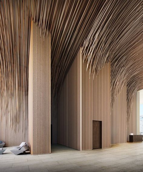 Kengo Kuma Architecture, Residential Tower, Timber Slats, Hotel Entrance, Kengo Kuma, Japanese Architect, Florida Hotels, Architectural Section, Floor To Ceiling Windows