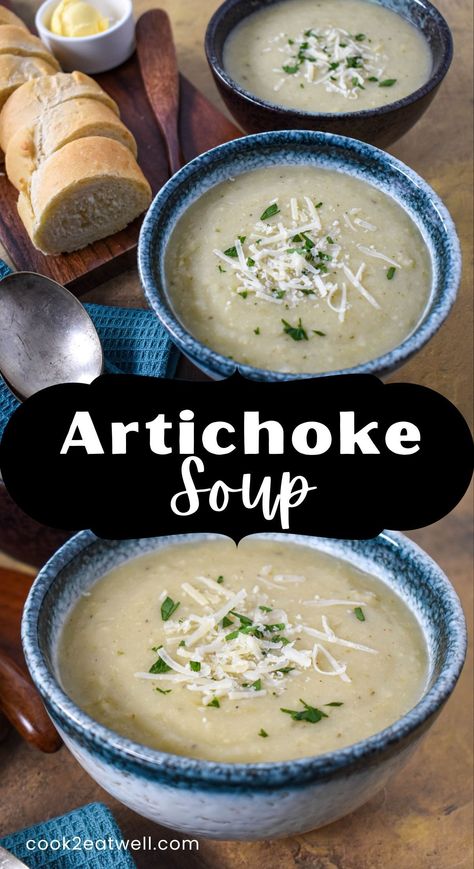 Cream Of Artichoke Soup Recipes, Artichoke Soup Recipes Healthy, Parmesan Artichoke Soup, Stuffed Artichoke Soup, Creamy Artichoke Soup, Jar Artichoke Recipes, Artichoke Soup Recipes, Recipes With Artichokes, Artichoke Chicken Soup