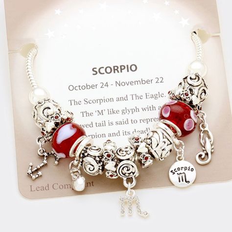 Color : Siam Theme : Zodiac Size : 1" H, 7" + 1" L October 24 - November 22 Scorpio _ Multi-Bead Zodiac Sign Charm Bracelet Scorpio Bracelet, Glyphs, Accessories Unique, Image Quotes, Zodiac Sign, Womens Jewelry Bracelets, Pandora Charm Bracelet, Zodiac Signs, Jewelry Box