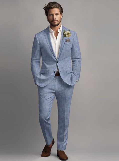 20 Brilliant Blue Wedding Ideas - LADY WEDDINGS Summer Suits For Men Wedding, Steel Blue Groom Suit, Navy Wedding Suits Men, Men’s Light Blue Suit Jacket Outfit, Light Blue Mens Wedding Suit, Heather Blue Suit Wedding, Light Blue Linen Suit Men, Groom Style Summer Wedding, Dusty Blue Champagne Wedding Color Schemes