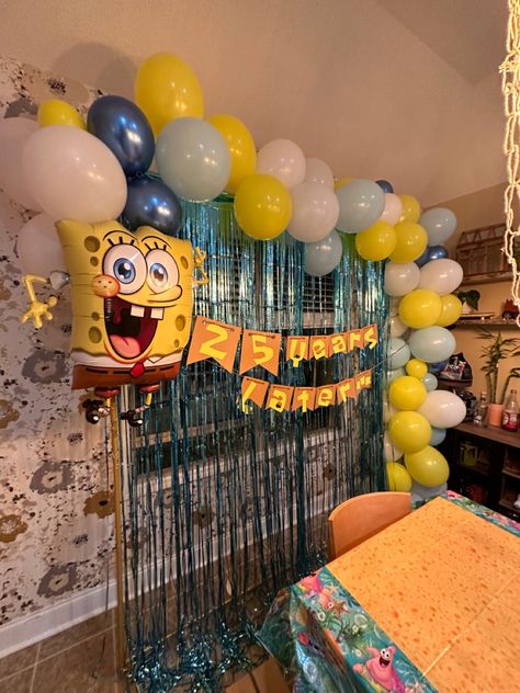 Spongebob Birthday Party For Adults, Spongebob Themed Cocktails, 25 Years Later Spongebob Sign, 25 Birthday Spongebob, Spongebob Birthday Decorations Diy Party Ideas, Spongebob Birthday Party Decorations 25, Spongebob Balloon Arch, Spongebob Party Theme, 25th Birthday Ideas Spongebob