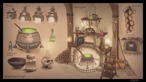 Witch's Hut Interior, Interior Witch House, Witch House Interior Drawing, Witch Hut Art, Witch Shop Art, Witch Hut Concept Art, Witch Props Concept Art, Witches Hut Interior, Witch Room Drawing