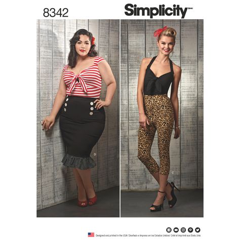 Simplicity 8342 Misses' & Women's Knit Tops, Cropped Pants, & Skirts Plus Size Rockabilly, Mode Retro, Women's Sewing Pattern, Womens Knit Tops, Pedal Pushers, Retro Tops, Skirt Patterns Sewing, Womens Sewing Patterns, Sewing Skirts