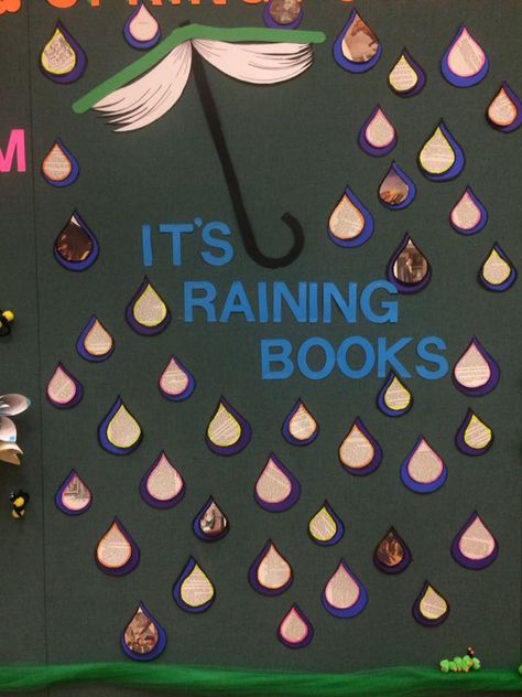 Spring library display 2017, Spring Forecast, center, It's Raining Books Spring Library Programs, Spring Book Display Libraries, April Book Displays, April Library Bulletin Boards, Spring Library Display Ideas, April Library Bulletin Board Ideas, Public Library Decorating Ideas, Spring Book Display, April Library Displays