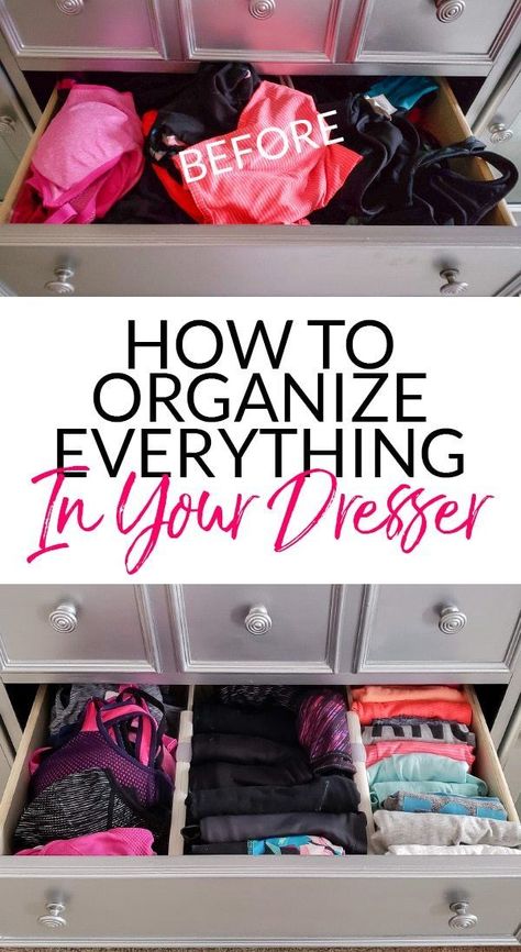 How to Organize Dresser Drawers - This post covers the best way to store anything in a dresser with photo examples from bras and tank tops to pajamas and sweaters! Organize Chest Of Drawers, How To Organize Your Closet Drawers, Organize Camisoles Tank Tops, Organization Ideas For Dresser Top, How To Organize Bras In Closet, Organize T Shirts Drawer, Tank Top Drawer Organization, Organizer Drawers Bedroom, What To Put In Closet Vs Dresser