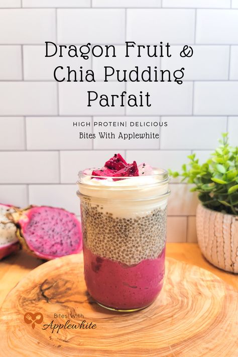 This pretty dragon fruit and chia pudding parfait is made with a layer of dragon fruit smoothie, a simple chia pudding, and a layer of Greek yogurt. It's high protein and great for breakfast, lunch, or a high protein snack. It's pretty so it's perfect for adults and children and parties. Video link provided. How to cut a dragon fruit. Nutritional benefits of dragon fruit. #BitesWithApplewhite Dragon Fruit Pina Colada, Dragon Fruit Yogurt Bowl, Dragonfruit Chia Pudding, Chia Seed Pudding With Frozen Fruit, Dragon Fruit Breakfast, Frozen Dragon Fruit Recipes, Dragon Fruit Recipe Meals, Dragon Fruit Ideas, Dragon Fruit Protein Smoothie