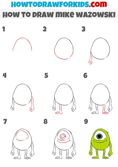 how to draw mike wazowski step by step Mike Wazowski Drawing Easy, How To Draw Monsters Inc, How To Draw Mike Wazowski, Cartoon Art Drawing Easy Step By Step, How To Draw A Disney Character, Easy How To Draw Disney Characters, How To Draw Wall-e Step By Step, How To Sketch Step By Step, Cartoon Art Step By Step