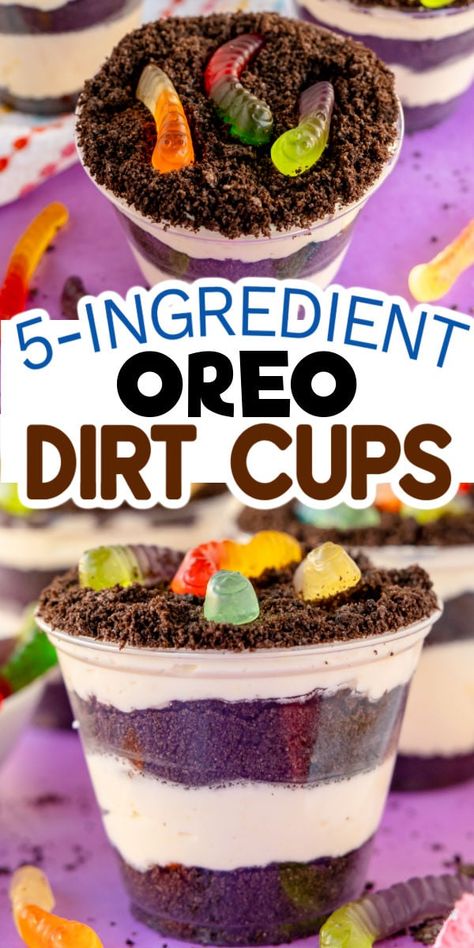 Fun Oreo dirt cups that are super simple to make and the perfect way to enjoy dirt and worms! Easy Dirt Pudding Cups, Bait Cups Dessert, Bugs In Dirt Dessert, Pumpkin Patch Dirt Cups Recipe, Mud Worms Dirt Cups, Dirt Sundae Recipe, Edible Dirt Cups, Chocolate Dirt Cups, Mud Cake Recipes Oreo Dirt Cups