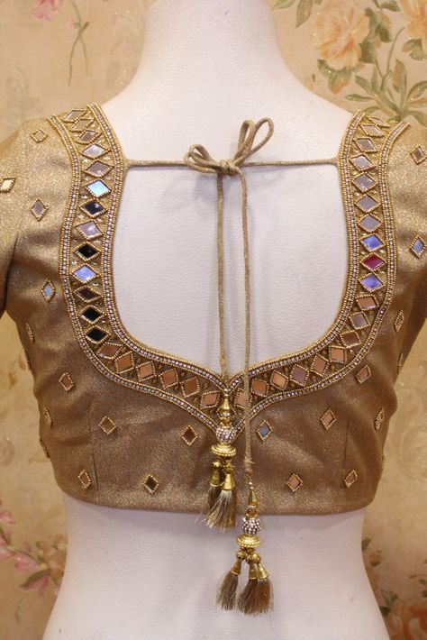 Blouse Back Neck Designs Stone Work, Pa Neck Blouse Designs, Mirror Work Blouse Design For Pattu Sarees, Gold Colour Blouse Designs, Aari Work Blouse Design Images, Gold Blouse Designs Latest, Stone Work Blouse Designs, Golden Blouse Design, Stone Work Embroidery