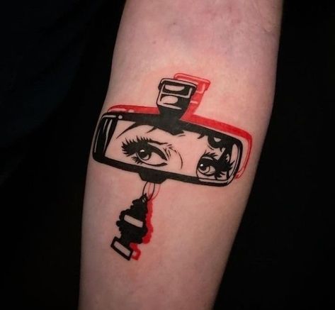 Rear View Mirror Tattoo, Black Red Tattoo, Mirror Tattoo, 777 Tattoo, Mirror Tattoos, Card Tattoo Designs, Beginner Tattoos, 4 Tattoo, Flash Tattoo Designs