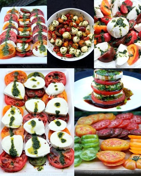 Como preparar y servir la ensalada caprese Salad Presentation, Mozzarella Caprese, Ensalada Caprese, Snack Machine, Marinated Tomatoes, Tomato Mozzarella, Presentation Ideas, Garlic Oil, Recipes Appetizers And Snacks