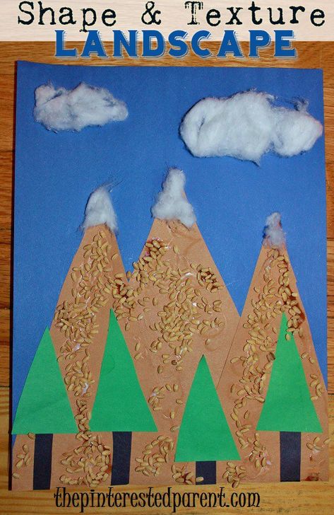 Shape & Texture Landscape - Combine shapes & different textures to make this pretty mountain craft Switzerland Preschool Activities, Mountain Crafts For Kids, Prek Projects, Mountain Craft, Texture Landscape, Culture Activities, Mountain Project, Mountain Crafts, Lacing Cards