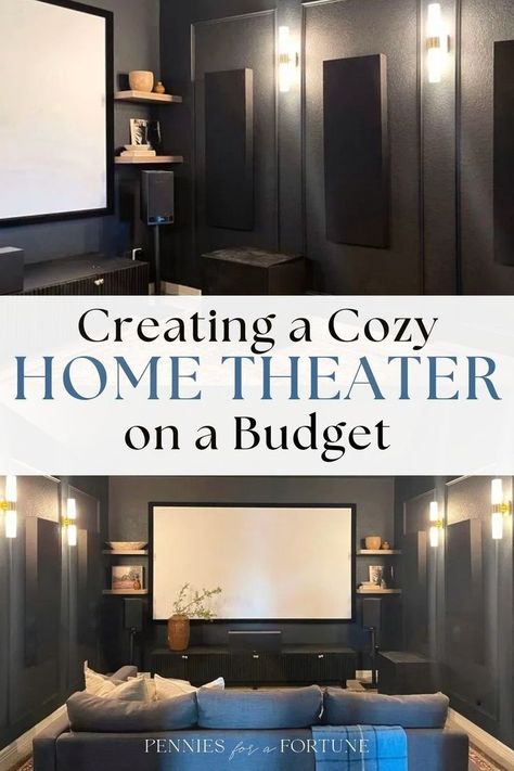 Create a cozy home theater on a budget in your bonus room or living room corner! This DIY dark media room makeover turned out great, and I'm showing you how you can do the same and create a home theater room without breaking the bank! I created this modern and cozy dark media room with a snack bar to surprise my husband for Father's Day. If you're also looking for small, cozy media room ideas that are also budget-friendly, this is it! Dark Media Room, Cozy Media Room, Movie Room Diy, Cozy Home Theater, Small Theater Room Ideas, Small Home Theatre, Cinema Room Small, Home Cinema Room Ideas, Small Movie Room