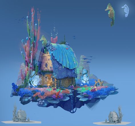 ArtStation - Underwater House , Alexandr Iwaac Concept Art Underwater, Art Underwater, Underwater House, Underwater Painting, Underwater City, Fantasy Rooms, Underwater Art, Minecraft House Designs, Landscape Concept