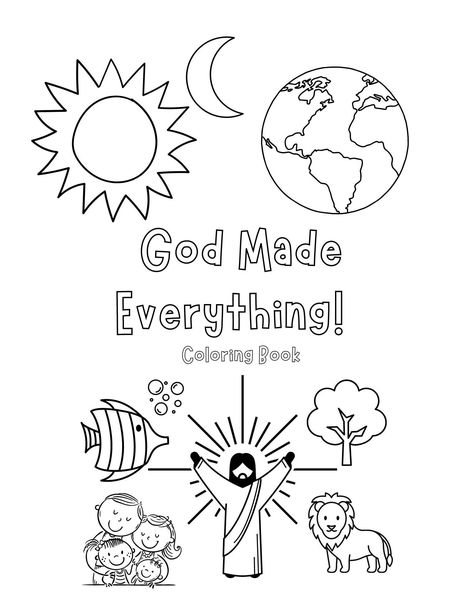 God Made Everything Christian Coloring Book - Etsy God Created Heaven And Earth Craft, God Created All Things Craft, Creation Story Coloring Pages, God Made Me Coloring Page, God Made Everything Craft Preschool, God Created Everything Craft, Bible Colouring Pages For Kids, God Creation Activities For Kids, Creation Crafts For Preschool